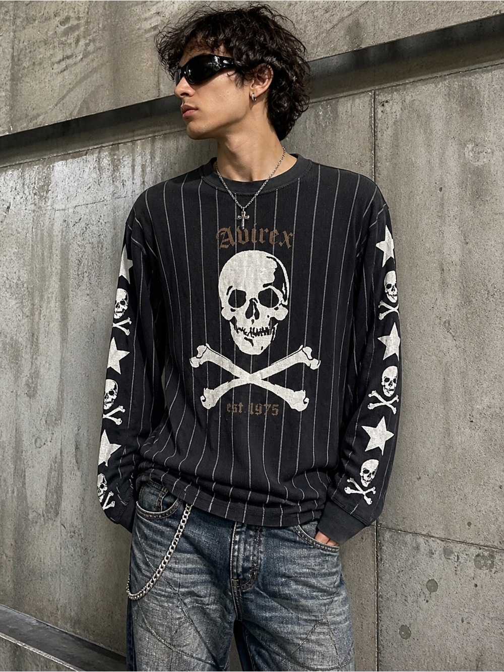 VTG Avirex Skull Crossbones Thermal Long Sleeve Shirt Men’s L Y2K Goth Biker